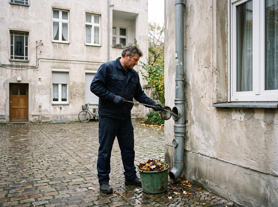 Techniker reinigt ein Regenfallrohr an der Fassade eines Berliner Wohnhauses