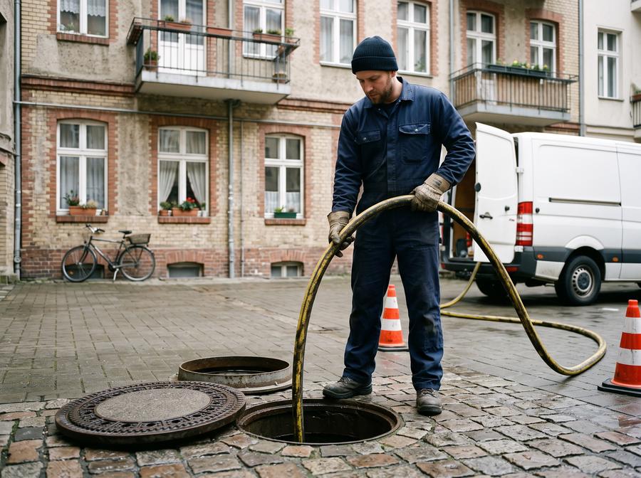 Techniker führt einen Hochdruckschlauch in einen geöffneten Kanalschacht im Hinterhof