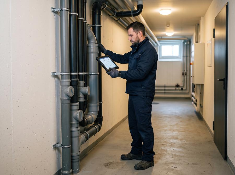 Techniker dokumentiert den Zustand der Leitungen im Keller eines Wohnhauses