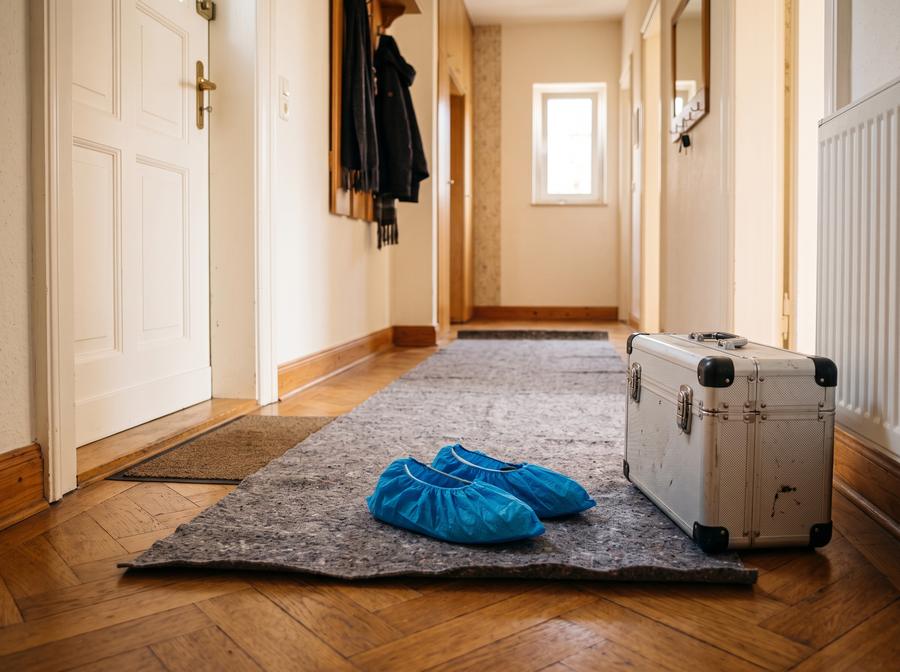 Ausgelegte Schutzmatte und Überschuhe im Flur einer Wohnung